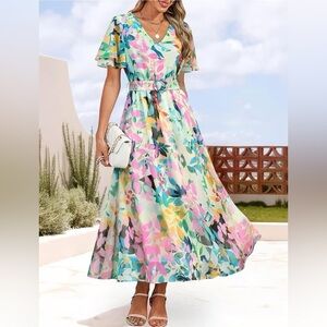 ZESICA Floral V Neck Midi Dress Boho Short Sleeve High Waist Dress. Size L